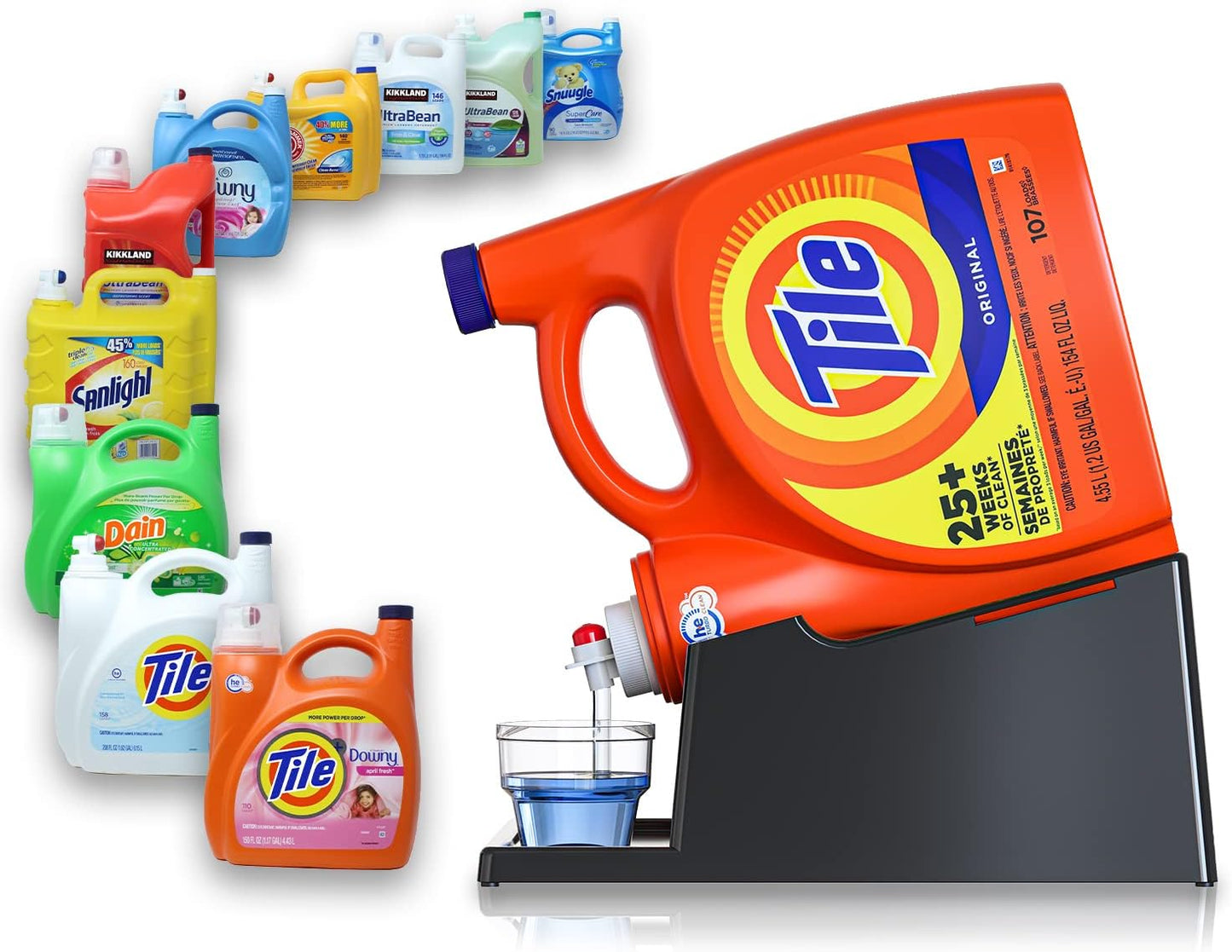 TidyFriend Liquid Laundry Detergent Holder Stand with Drip Tray & Rubber-Grip Feet, Stand for Laundry Room Organization and Storage, Fabric Softener Dispenser with Cup Holder for Easy Pouring (Black)