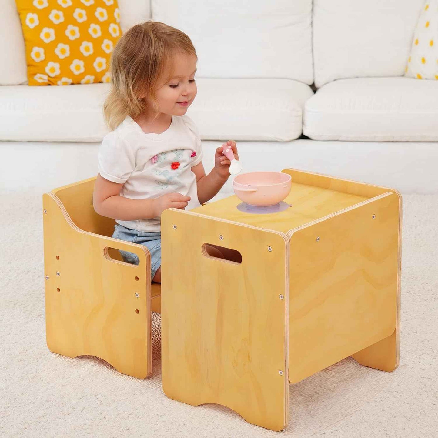 MallBest Montessori Weaning Table and Chair Set-Adjustable seat Height Wooden Toddler Table，Kids Activity Step Stools，Kids Funiture for Eating Drawing Reading