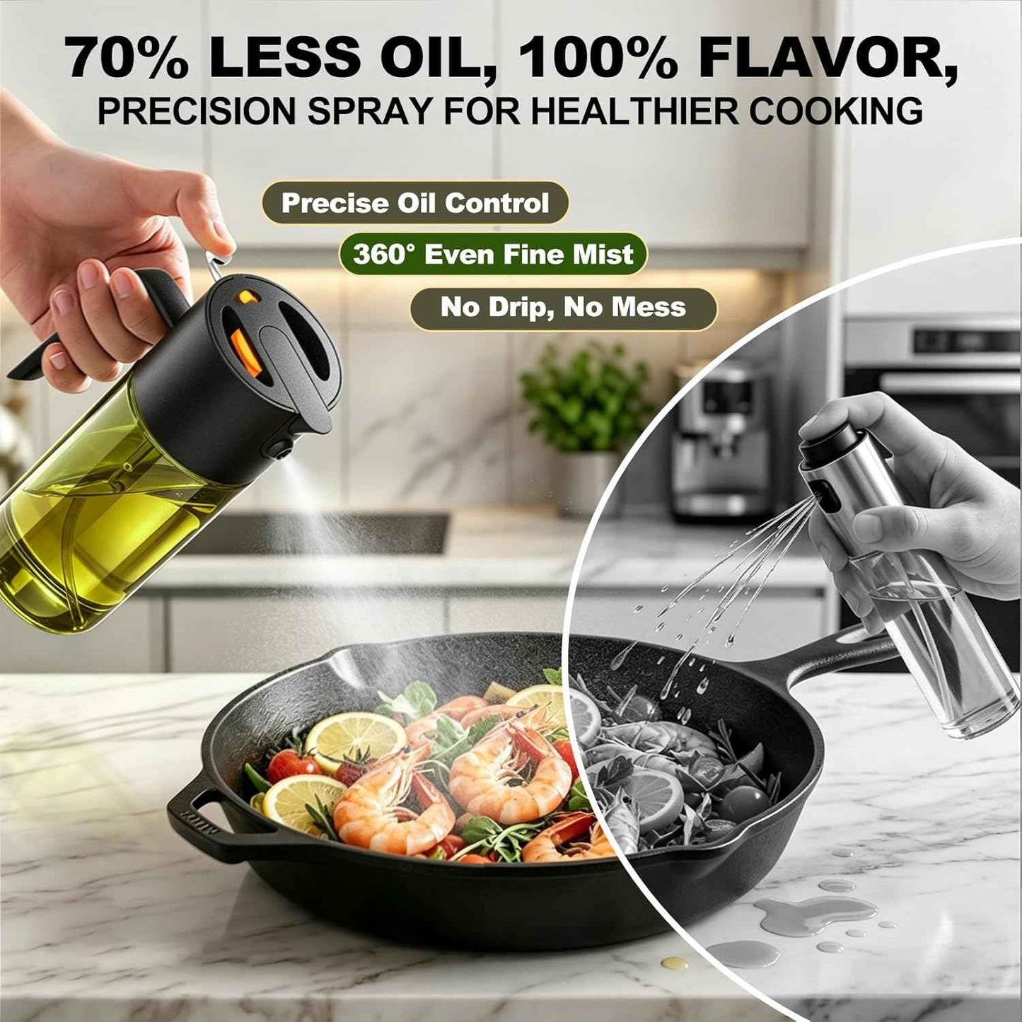 2-IN-1 500ml/17oz Light-Blocking Dark Oil Sprayer for Cooking with Sticker, Dark Green Glass Olive Oil Dispenser Bottle for Kitchen, Even Spray with Portion Control, Perfect for Air Fryer, BBQ - Black