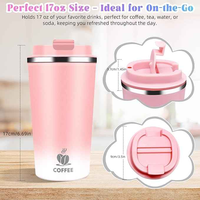 17oz Insulated Travel Coffee Mug with Flip Lid – Leakproof Stainless Steel Insulated Coffee Tumblers, Reusable Coffee Cup for Hot & Cold Drinks, Perfect for Camping & On-the-Go