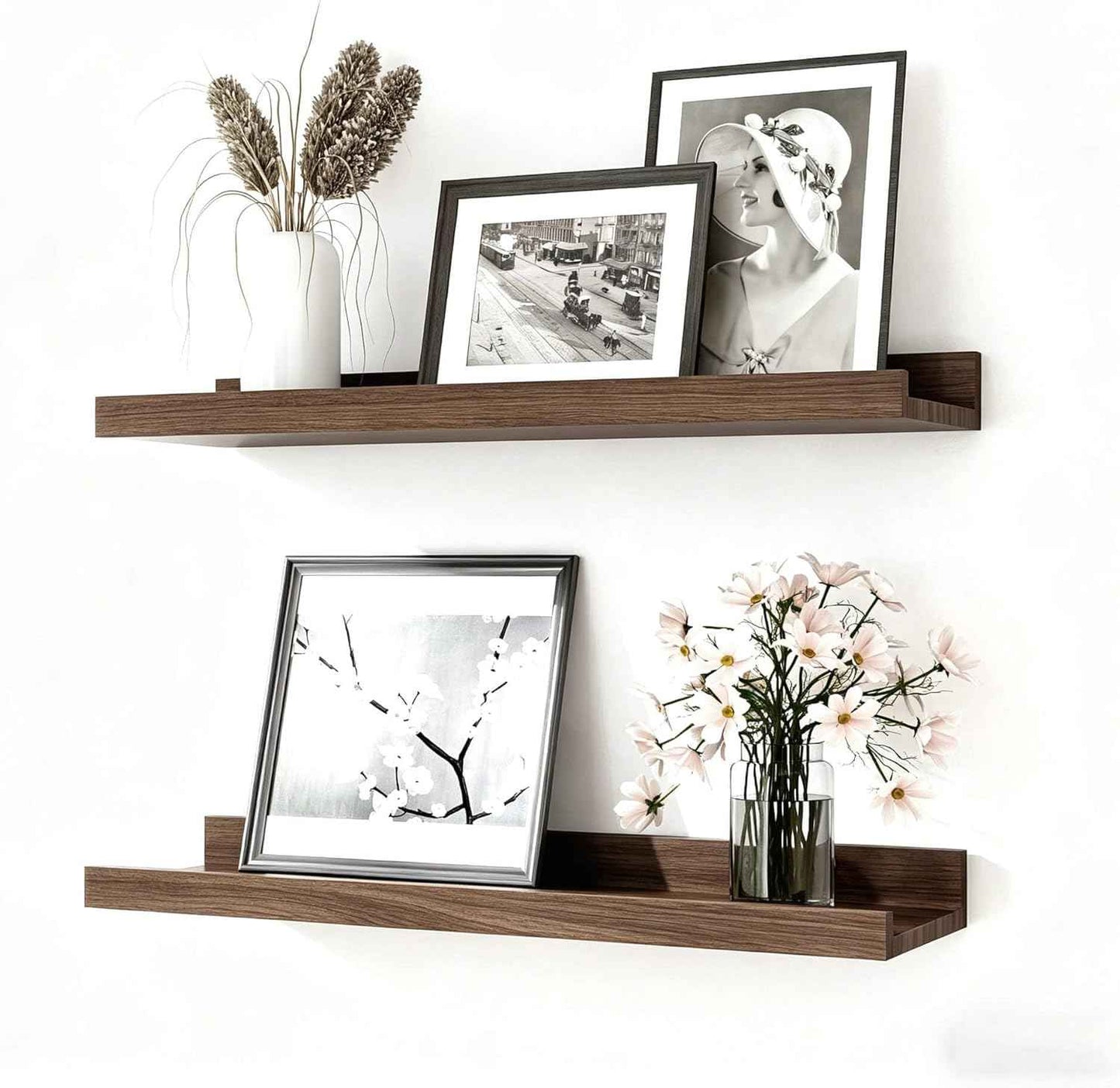Floating Shelves for Wall Decor, Wall Mounted Wood Storage Shelf for Bedroom, Living Room, Bathroom, Kitchen, Nursery, Display Picture Ledge Shelf with Lip Set of 2-14 Inches, Walnut