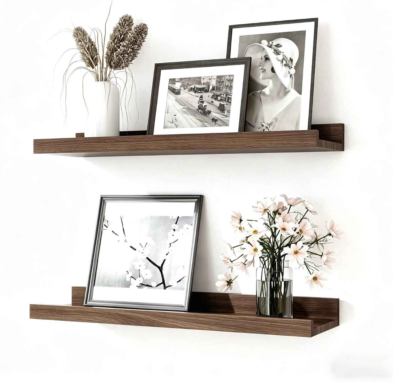 Floating Shelves for Wall Decor, Wall Mounted Wood Storage Shelf for Bedroom, Living Room, Bathroom, Kitchen, Nursery, Display Picture Ledge Shelf with Lip Set of 2-14 Inches, Walnut