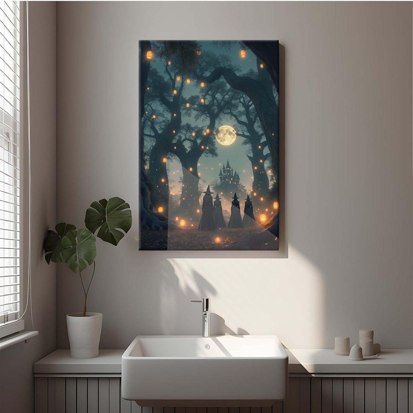 Mysterious creek painting witch and castle in magic forest art print canvas gothic print dark college decoration poster for home bedroom28x40in Wood Framed