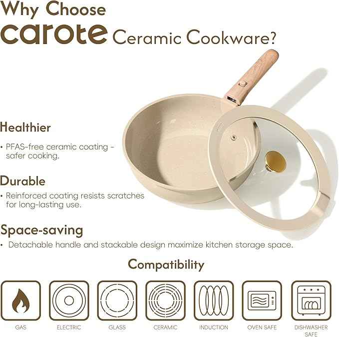 CAROTE 25PCS Ceramic Cookware Set, Pots and Pans set Non Stick, RV Kitchen Cooking Set Removable Handles, Oven Safe, Induction Cookware, Non-toxic Kitchen Cooking Set, PFAS Free, Mothers Day Gifts