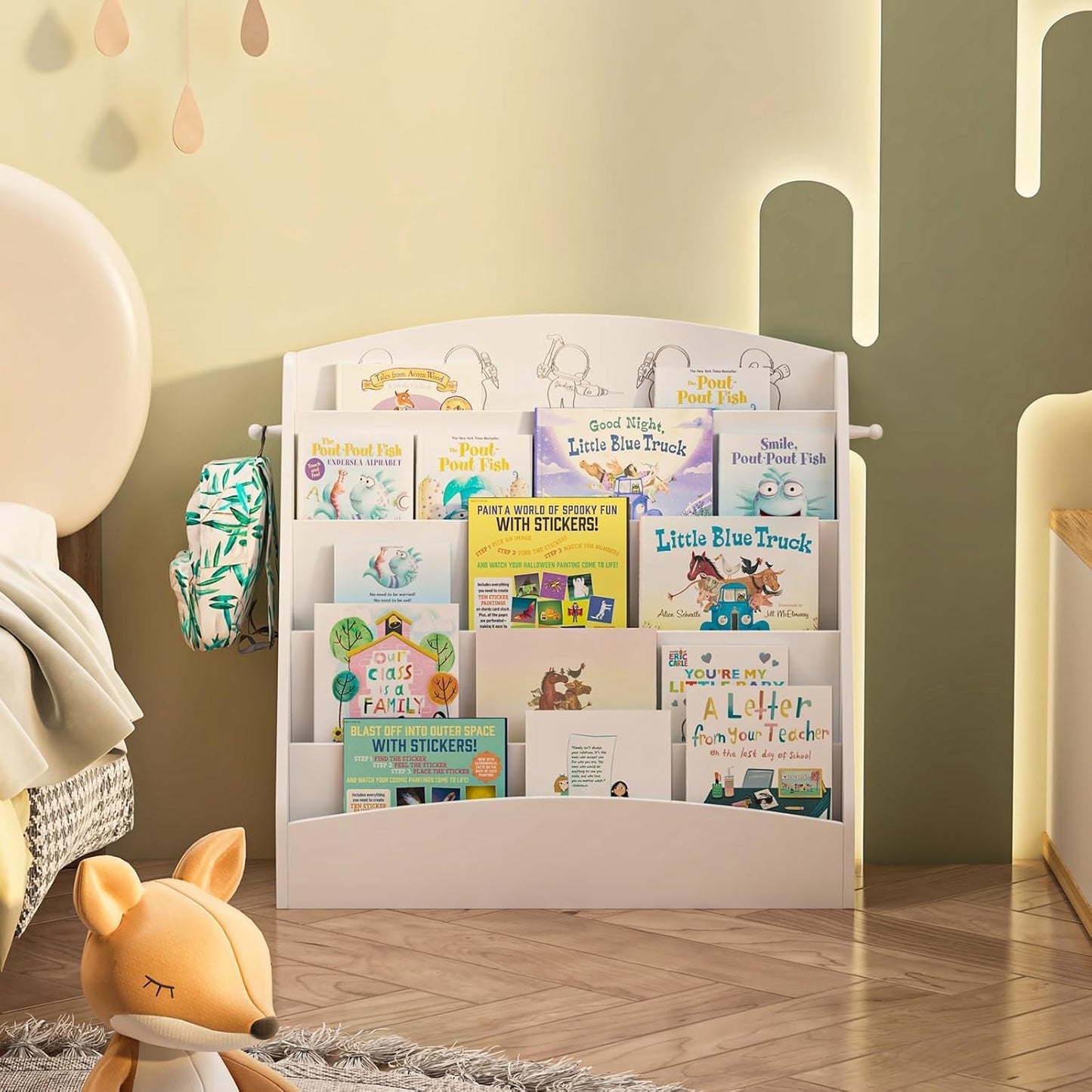 5-Tier Kids Bookshelf Montessori Toddler Book Rack Baby Bookcase Floor Front Facing Magazine Display Shelf for Bedroom Playroom Nursery Classroom Kindergarten Wood (White)