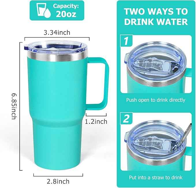 20 oz Tumbler with Handle, insulated cup coffee mug with lid, straw and handle, Double Wall Stainless Steel Vacuum Coffee Tumbler travel mug spill proof, 1pcs Light Green