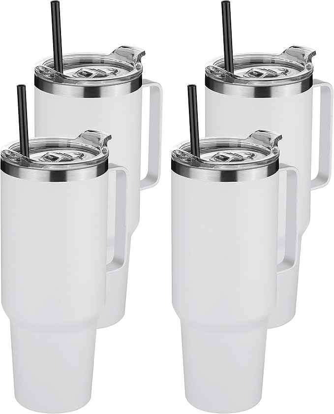 HASLE OUTFITTERS 40 oz Stainless Steel Tumbler with Handle, Vacuum Insulated Tumblers Bulk, Reusable Double Wall Travel Coffee Mug, Durable Powder Coated Water Bottles(White, 4)