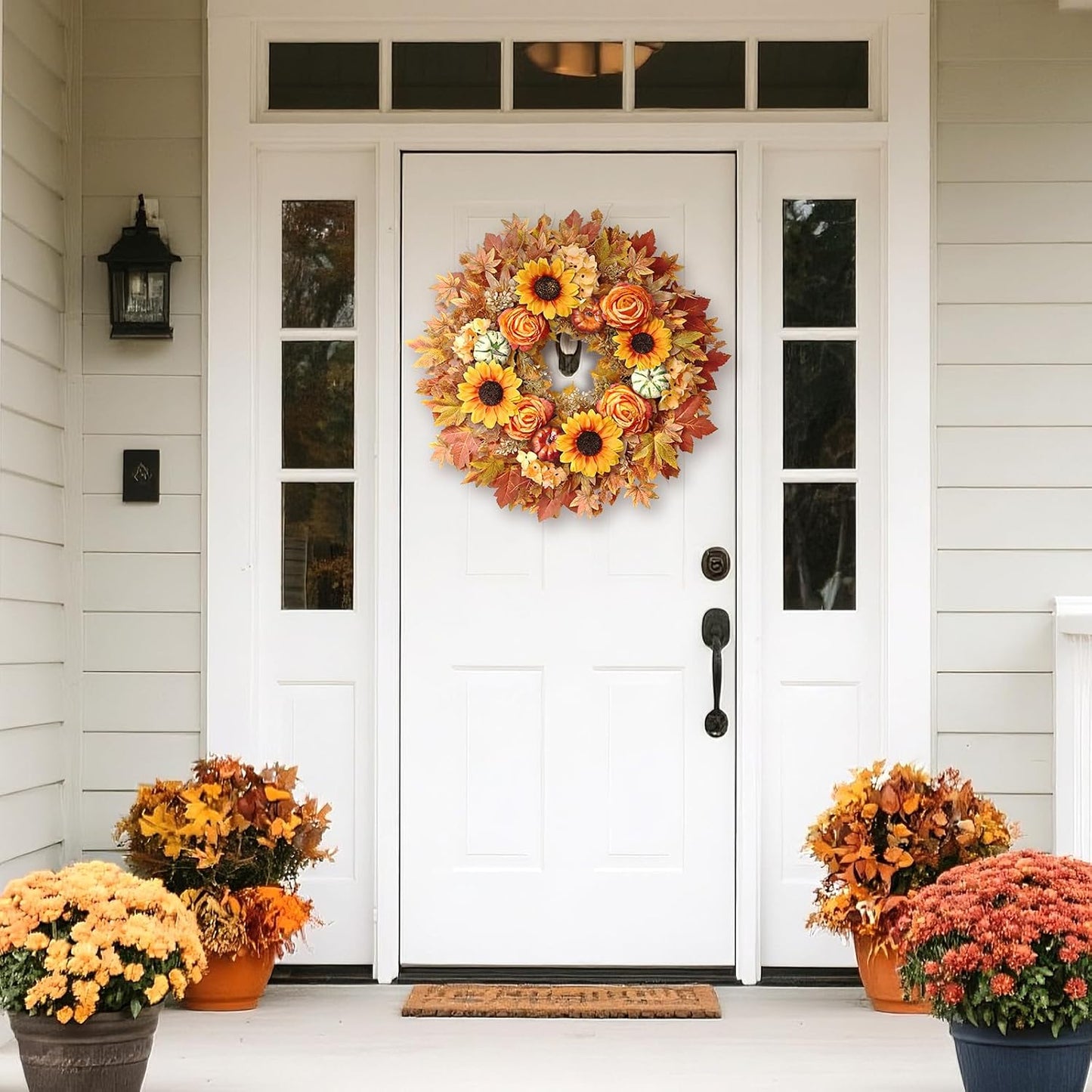 28'' Large Fall Wreath for Front Door, Porch, Window- Artificial Maple Leaves Fake Pumpkins Faux Rose Sunflower Outdoor Autumn Wreath for Home, Farmhouse Wall Thanksgiving Day Harvest Festival Decor