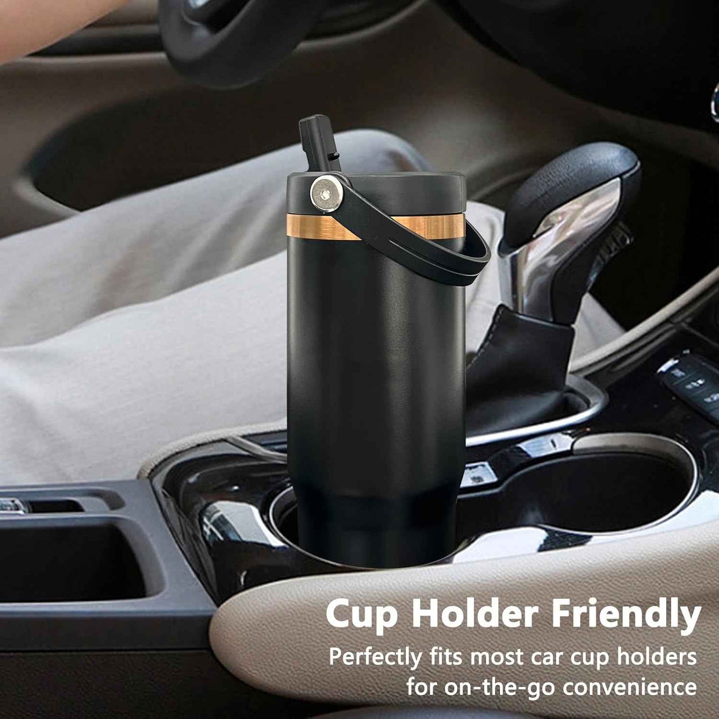 30 oz Tumbler with Handle and Straw, Vacuum Insulated Tumblers with Flip Straw and Top Handle, Leakproof Powder Coated Tumbler, Stainless Steel Travel Mug for Coffee Water (Black, 1 Pack)