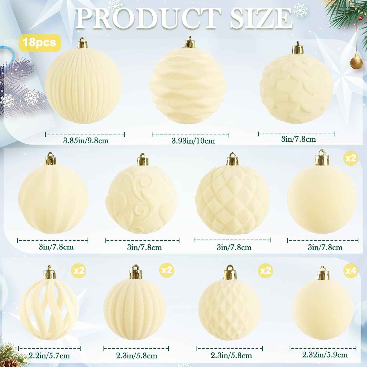 18Pcs Velvet Christmas Tree Ornaments Set, White Flocked Hanging Christmas Balls Ornaments, Shatterproof Decorative Hanging Balls Decorations Assortment for Xmas Tree Holiday Winter Home Party Decor