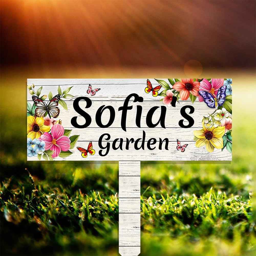 Custom Metal Garden Sign With Stake,Flower Personalized Gardener Family Name Signs,Customized Grandmother Gifts Gardening Decorative,Colorful Butterfly Plaques for Outside Lawn Patio Yard Art Decor