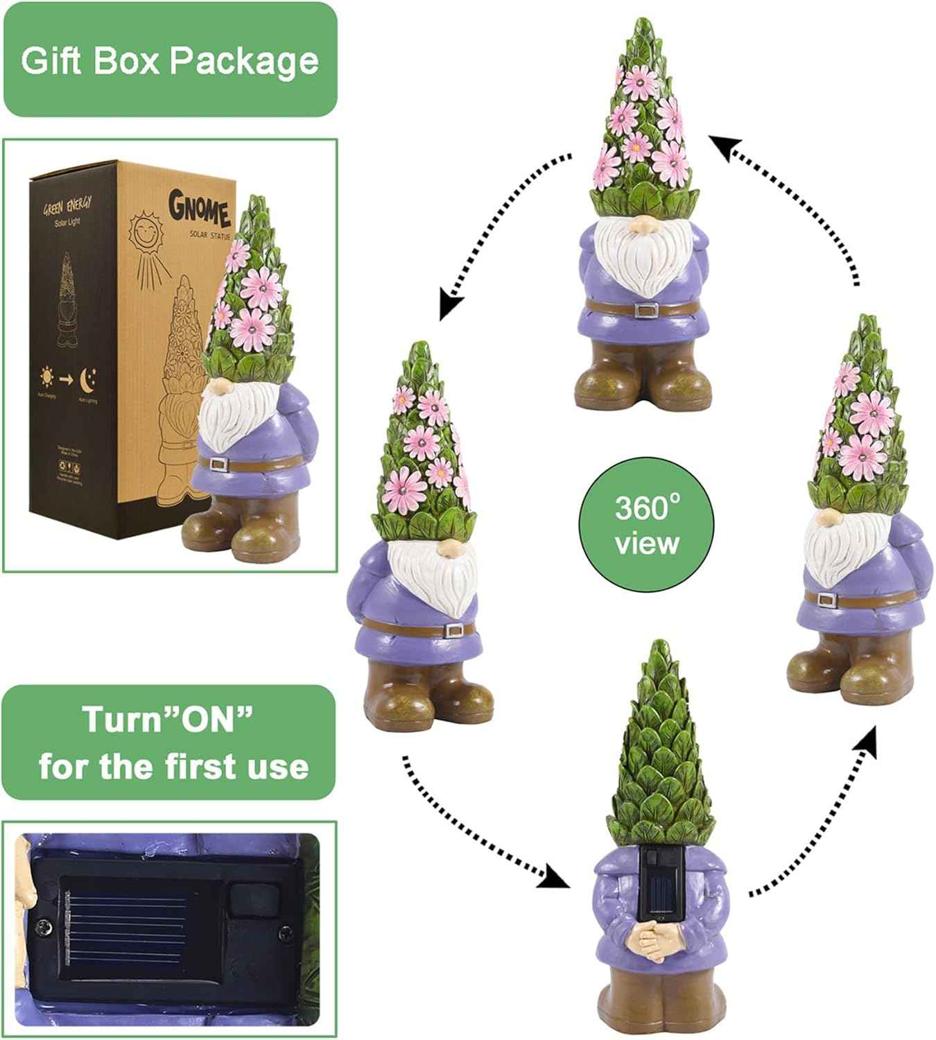 Nacome Solar Garden Outdoor Statues Gnome with Succulent and 7 LED Lights - Lawn Decor for Patio, Balcony, Yard Ornament for Mom Grandma Women