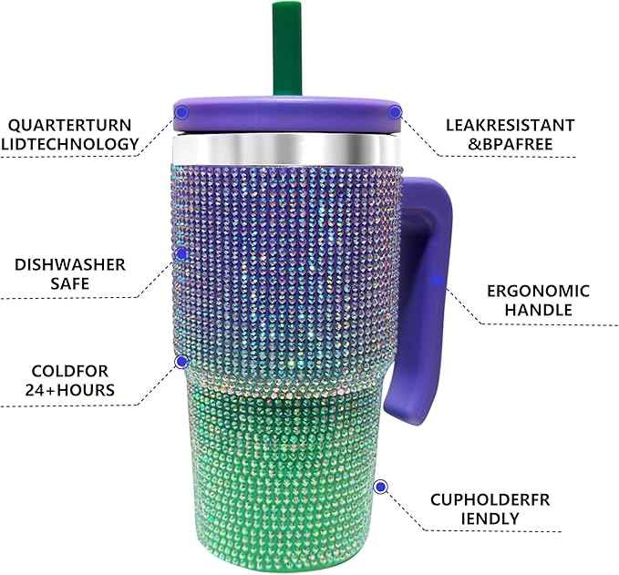 2PCS 20-OZ Insulated Water Bottle,Insulated Stainless Steel Tumbler,Reusable Cold Drink Thermos,BPA-Free, Double-Wall Stainless Steel Water Bottle (Purple Green Gradient-Diamonds, 20, Fluid Ounces)