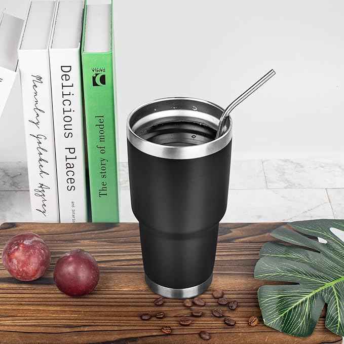 30 oz Tumbler with Lids and Straws Double Wall Vacuum Insulated Tumbler Cup,Stainless Steel Leak-proof Thermal Tumbler Powder Coated Travel Coffee Mug for Cold and Hot Drinks,Black