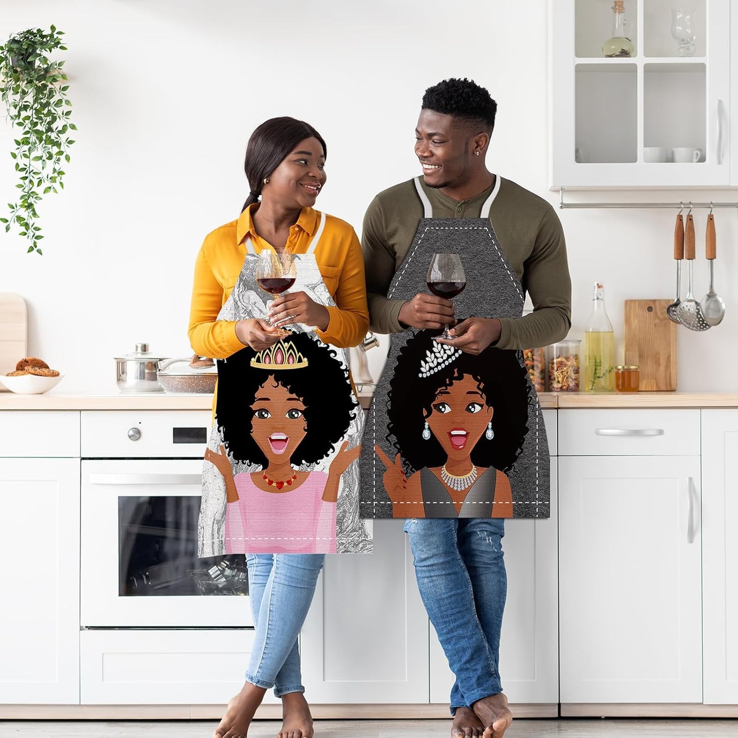 4 Pcs African Women Waterproof Aprons - Adjustable Black Queen Kitchen Chef Apron for Baking, Grilling, Gardening, Cooking, Painting, Grooming
