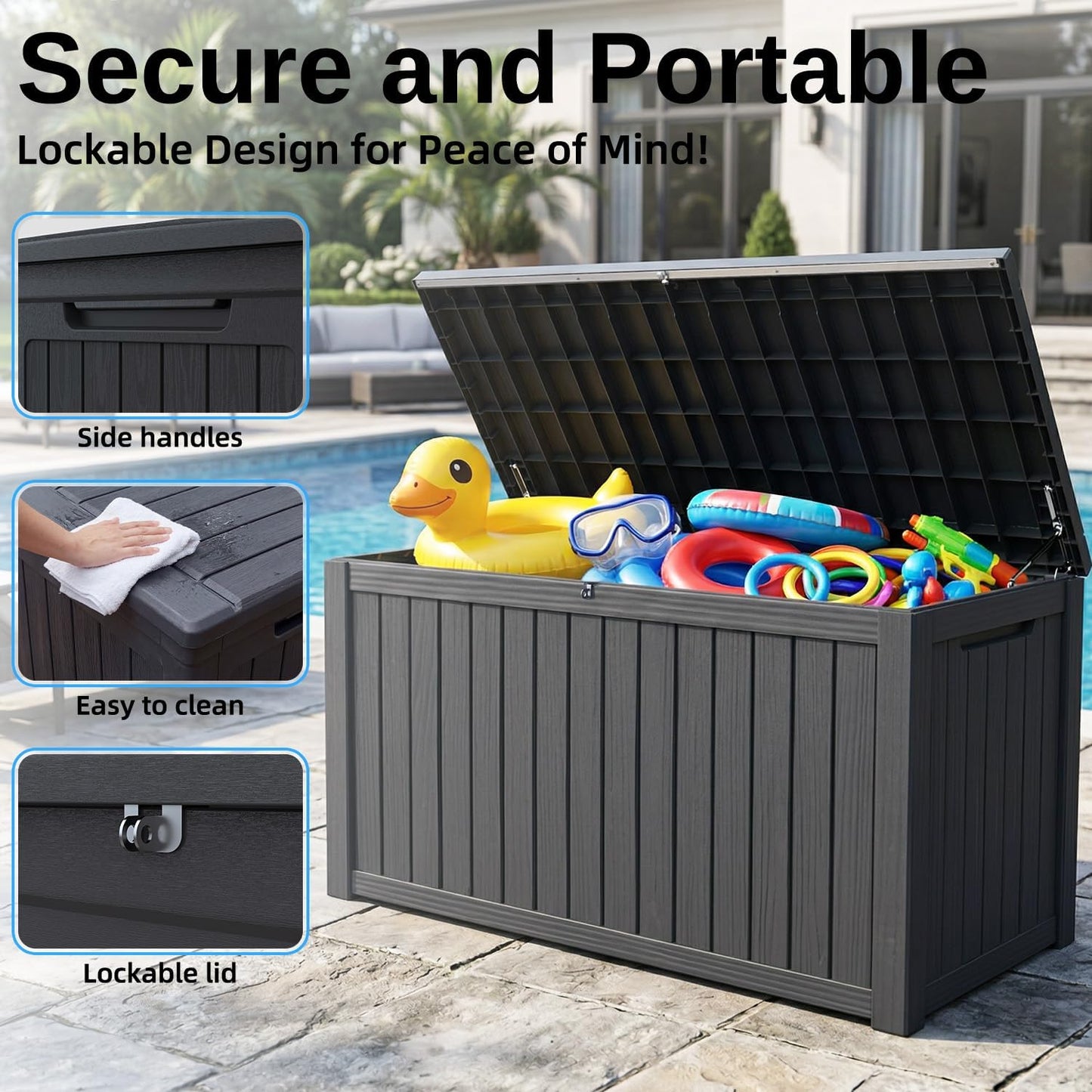 200 Gallon Deck Box, Resin Outdoor Waterproof Storage Box, Lockable Storage Box With Handle for Patio Furniture - Garden Tools - Swimming Pool Tools UV Resistant, Black - 200