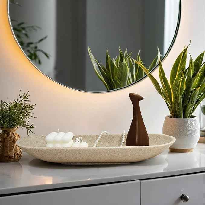 LIN CHUAN Large Decorative Bowl for Home Decor - Long Dough Bowl with Anti Slip Base for Table Centerpieces - Beige Minimalist Design Dough Decor Bowl for Coffee Table, Dining Table Centerpiece