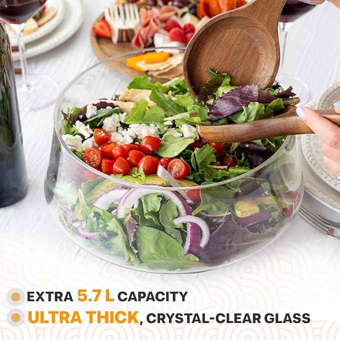 Large Glass Salad Bowl with Lid Set, 5.7 L Decorative Glass Mixing Bowl, Trifle and Serving Bowls with Lids as Cheese Charcuterie Board and Plate, Comes with Wood Serving Utensils