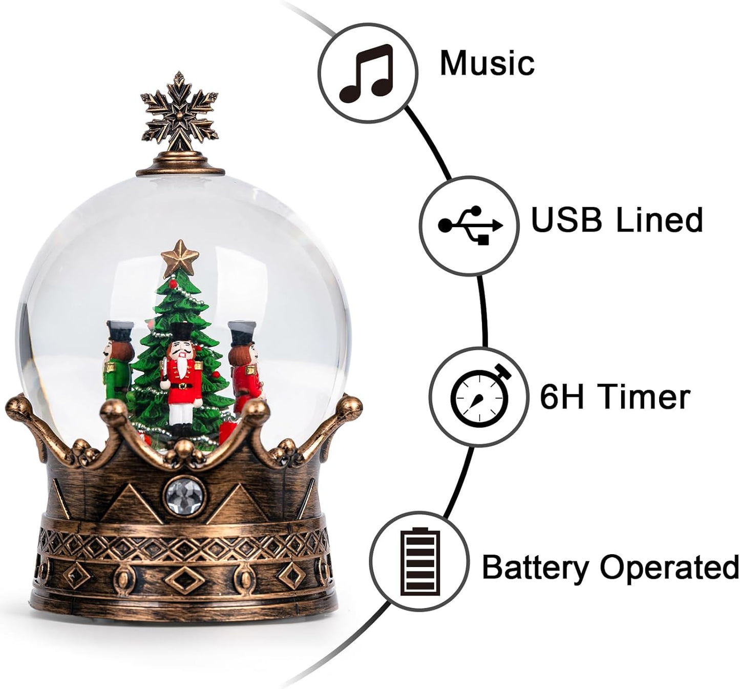 Christmas Snow Globe Lantern Water Glittering Nutcracker Crown with Music, USB Lined/Battery Operated Lighted Lantern for Christmas Festival Decoration Gifts
