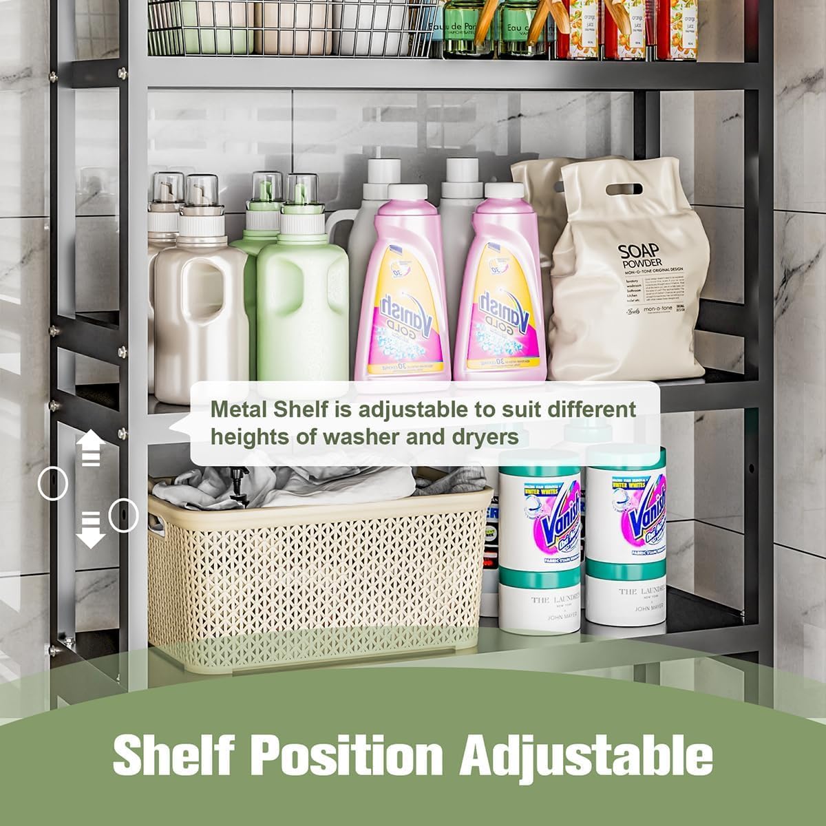 Dryer Storage Shel andf Over The Washer - Adjustable 4-Tier Heavy Duty Laundry Room Organizer, All Carbon Steel Standing Shelf with Hanging Rod, Anti-Tip Design, Super Stable 29.93" L x 11" D x 73" H