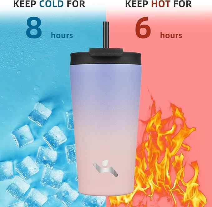 Konokyo 18OZ Insulated Tumbler with Lid and 2 Straws Stainless Steel Water Bottle Vacuum Travel Mug Coffee Cup,Pastel Sunset