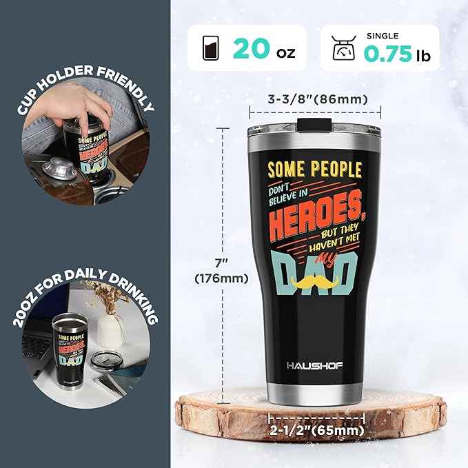 HAUSHOF Dad Gifts Tumbler 20oz Stainless Steel, Birthday Gifts for Father/Husband/Men from Daughter, Son, Kids, Wife - Heroes Dad, Black