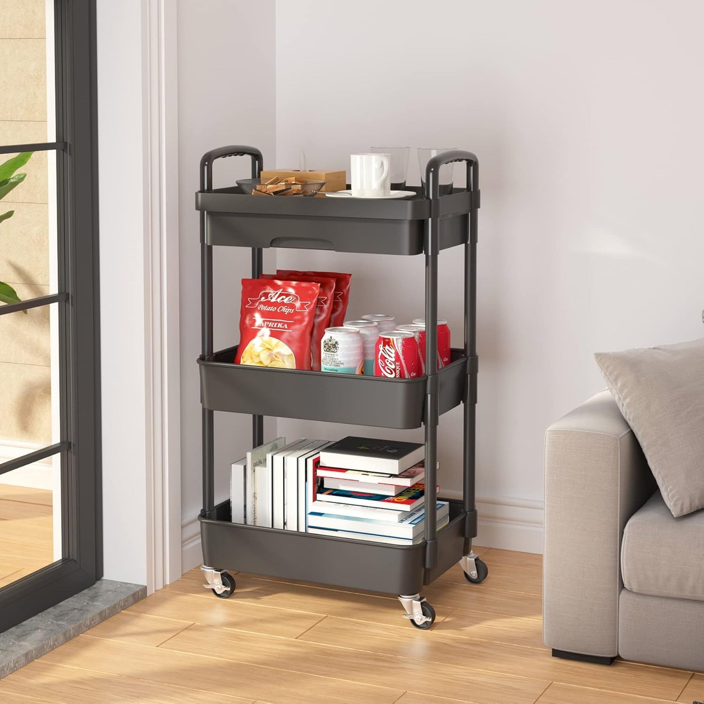 Calmootey 3-Tier Rolling Utility Cart with Drawer,Multifunctional Storage Organizer with Plastic Shelf & Metal Wheels,Storage Cart for Kitchen,Bathroom,Living Room,Office,Black