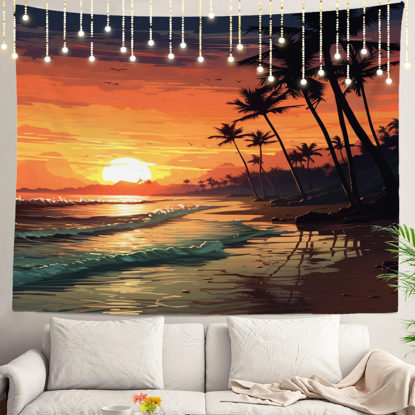 Shrahala Sunset Beach Wall Tapestry, Tropical Seaside Scene Wall Hanging Large Tapestry Decoration Polyester Fiber White Hem Around For Dorm Room Bedroom 59.1 X 82.7 In