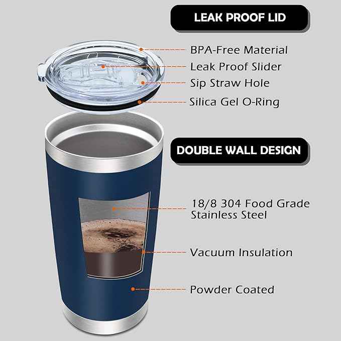 AIANJI 20oz Tumbler Bulk Stainless Steel Tumblers with Lid Vacuum Insulated Double Wall Travel Coffee Mug Powder Coated Tumbler Cup for Hot and Cold Drinks(Navy Blue, 1 pack)