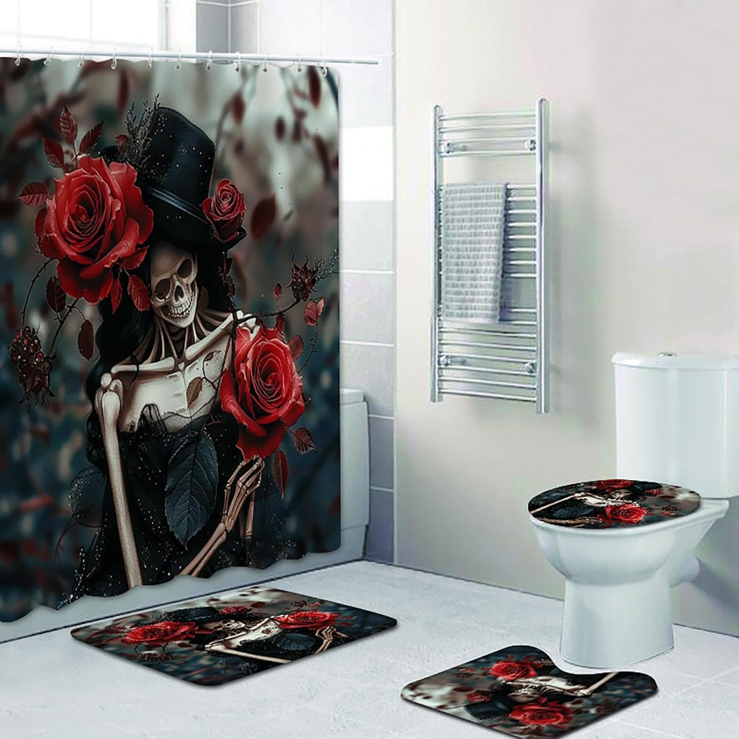 NEWSUYAA Halloween Decorations Shower Curtain Set with Non-Slip Rugs and Bath Mats,Black Skull Skeleton Bathtub Curtains with 12 Hooks,All Saints'Day (Nov 1st) Bathroom Decor