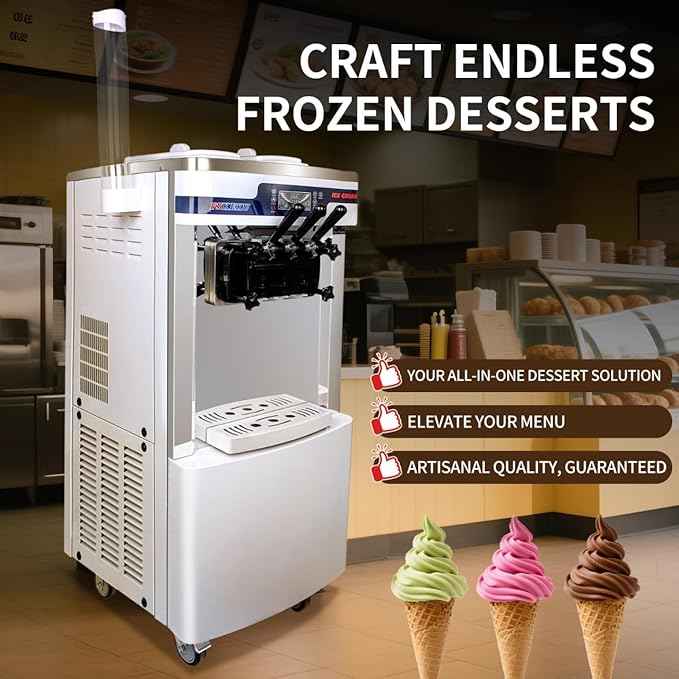 High-Efficiency Commercial Soft Serve Ice Cream Machine - 20-28L/H Capacity, Auto Clean,3 Flavors LED Display, Ideal for Restaurants and Snack Bars, 2200W