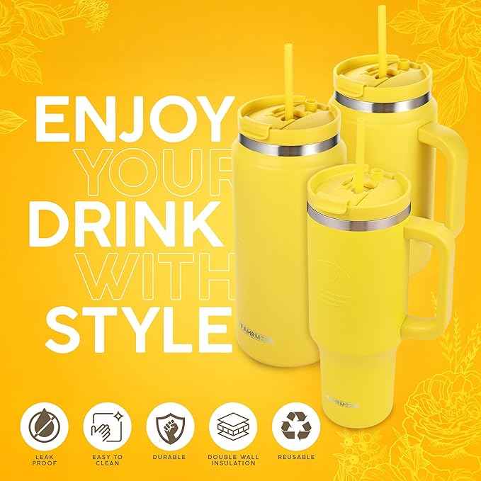 FAHRMOSIS 40 Oz Tumbler with Handle and Straw Insulated Cup that Fits in Cup Holder for Hot & Cold Drinks Leak Proof Tumbler with Straw Stainless Steel Travel Mug for Men & Women - Yellow