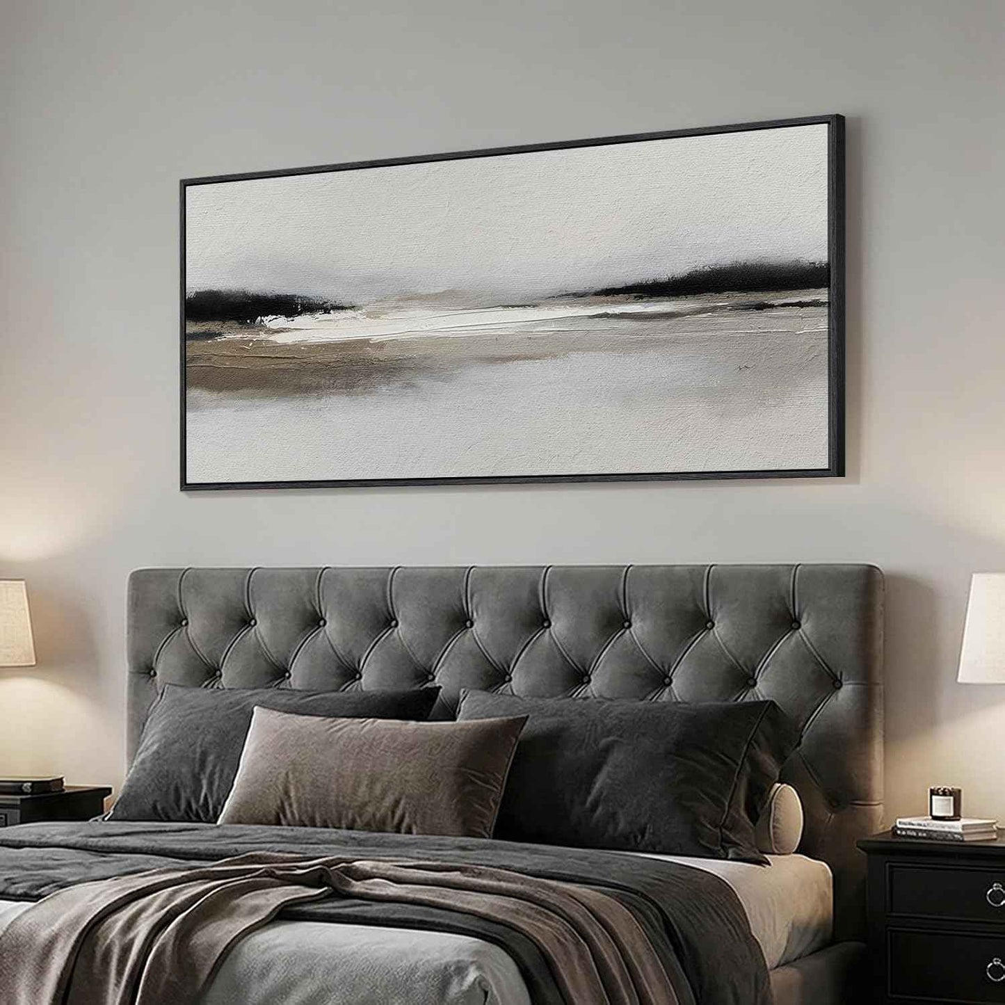 Large Framed Abstract Wall Art for Living Room, Horizontal Black and White Landscape Canvas Prints Paintings Artwork for Walls, Neutral Modern Minimalist Pictures Wall Decor for Bedroom Office 30x60