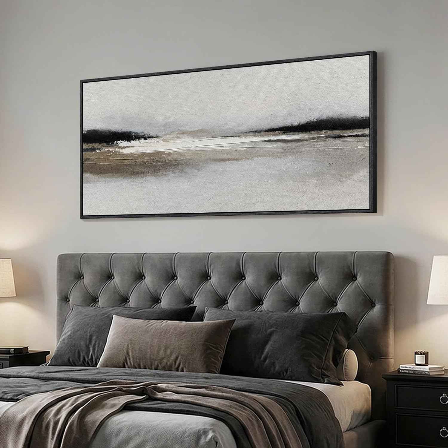 Large Framed Abstract Wall Art for Living Room, Horizontal Black and White Landscape Canvas Prints Paintings Artwork for Walls, Neutral Modern Minimalist Pictures Wall Decor for Bedroom Office 30x60
