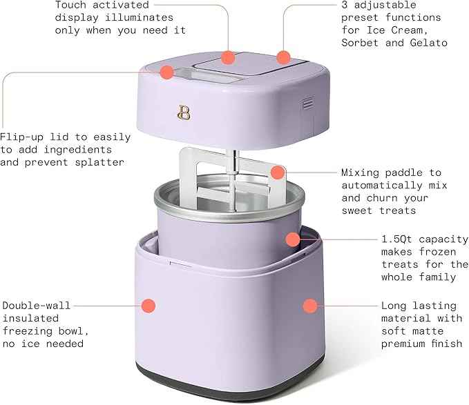 1.5 Quart Ice Cream Maker with Touch Control Panel, Freezer Bowl Design, Compact Electric Machine for Homemade Frozen Desserts, Gelato & Sorbet (Lavender)