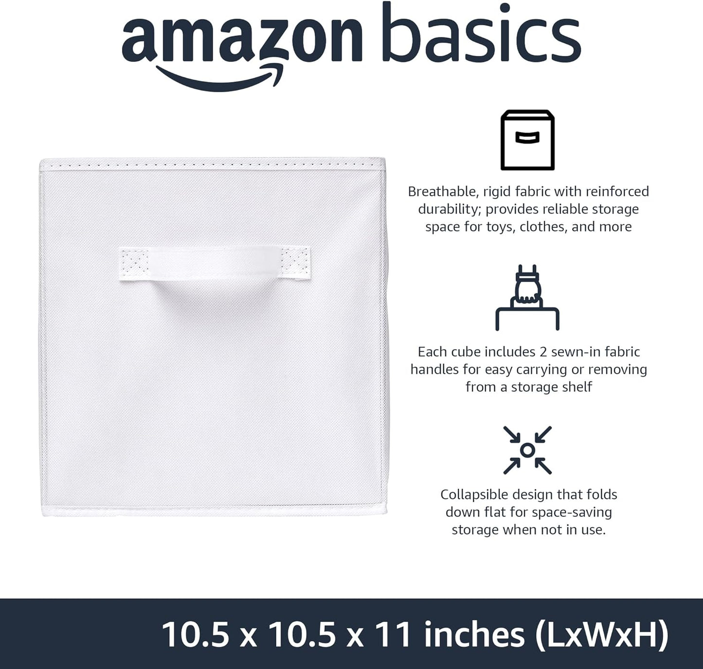 Amazon Basics Collapsible Fabric Storage Cubes Organizer with Handles, Sturdy, White, 10.5-x-10.5-x-11-inch, Pack of 6