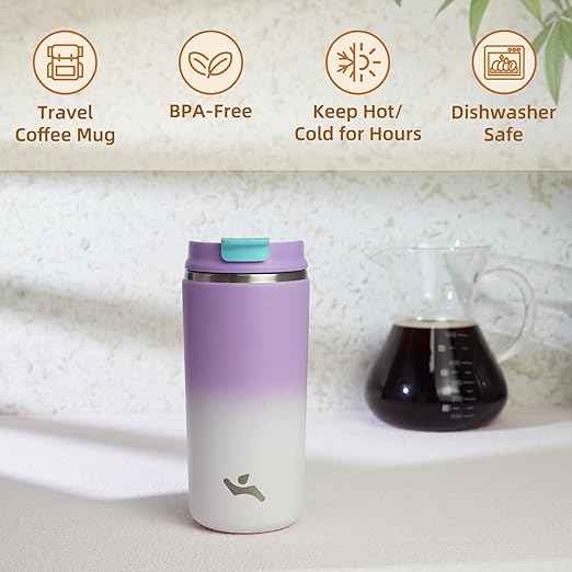 Konokyo Tumbler with Lid, 12 oz Travel Coffee Mug Double Wall Vacuum Stainless Steel Thermal Metal Cup Insulated Water Bottle,PurpleWhite