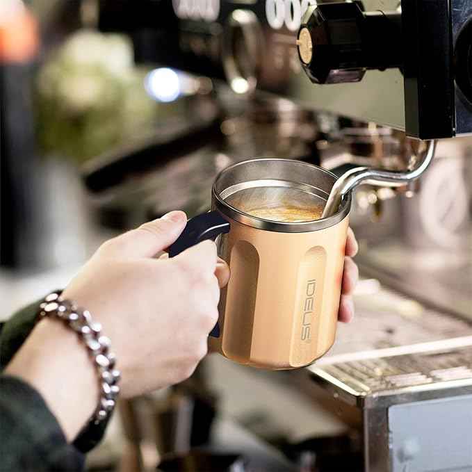 Ideus 16 oz Coffee Cup, Stainless Steel Coffee Travel Mug, Spill Proof Tea Mug with Handle and Lid, Lightweight and Durable, Great for Office Home and Outdoor Use, Golden-FUJI FLOW