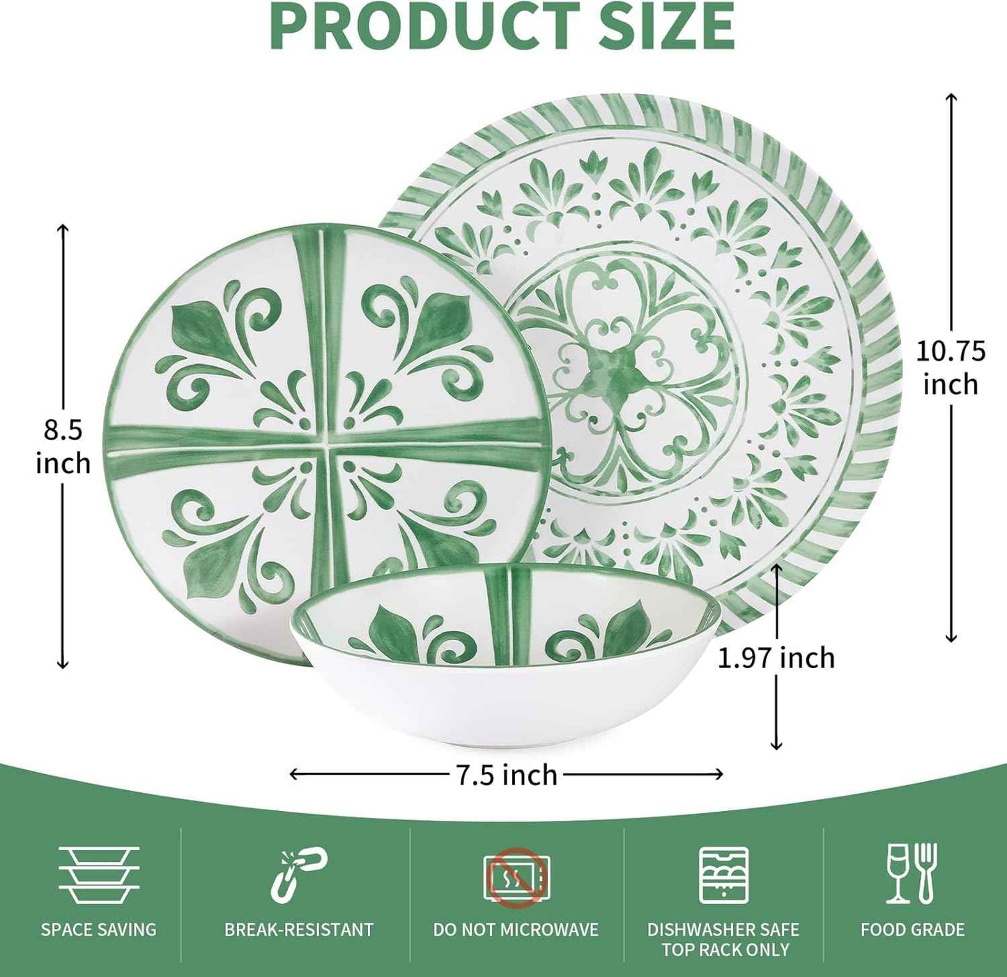 Melamine Dinnerware Sets, Dinnerware Sets for 4, 12Pcs Plates and Bowls Sets, Green Floral Embossed Design Dish Set for Indoor and Outdoor Use