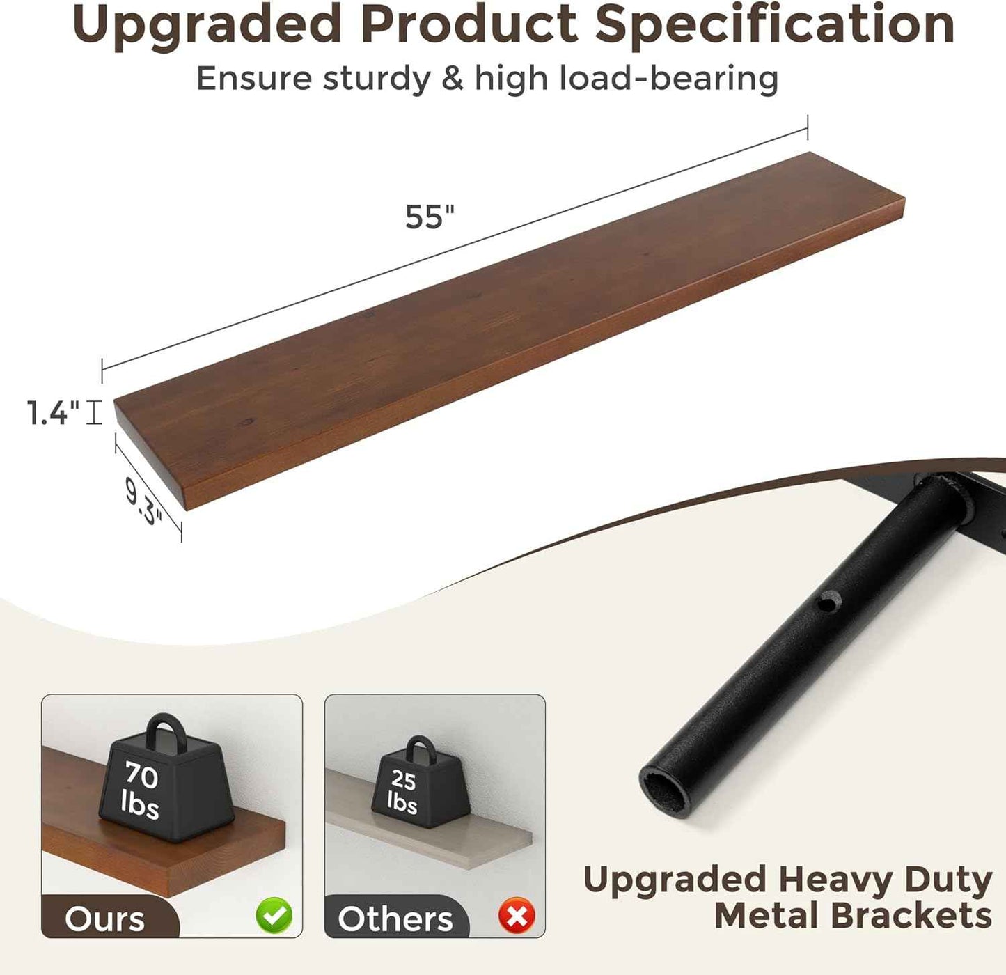 Axeman 55 Inch Floating Shelves for Wall, 9.3" Deep High End Solid Real Wood Wall Shelves with Heavy Duty Invisible Bracket for Living Room, Bedroom, Kitchen, Bathroom, Set of 1, Walnut Finish