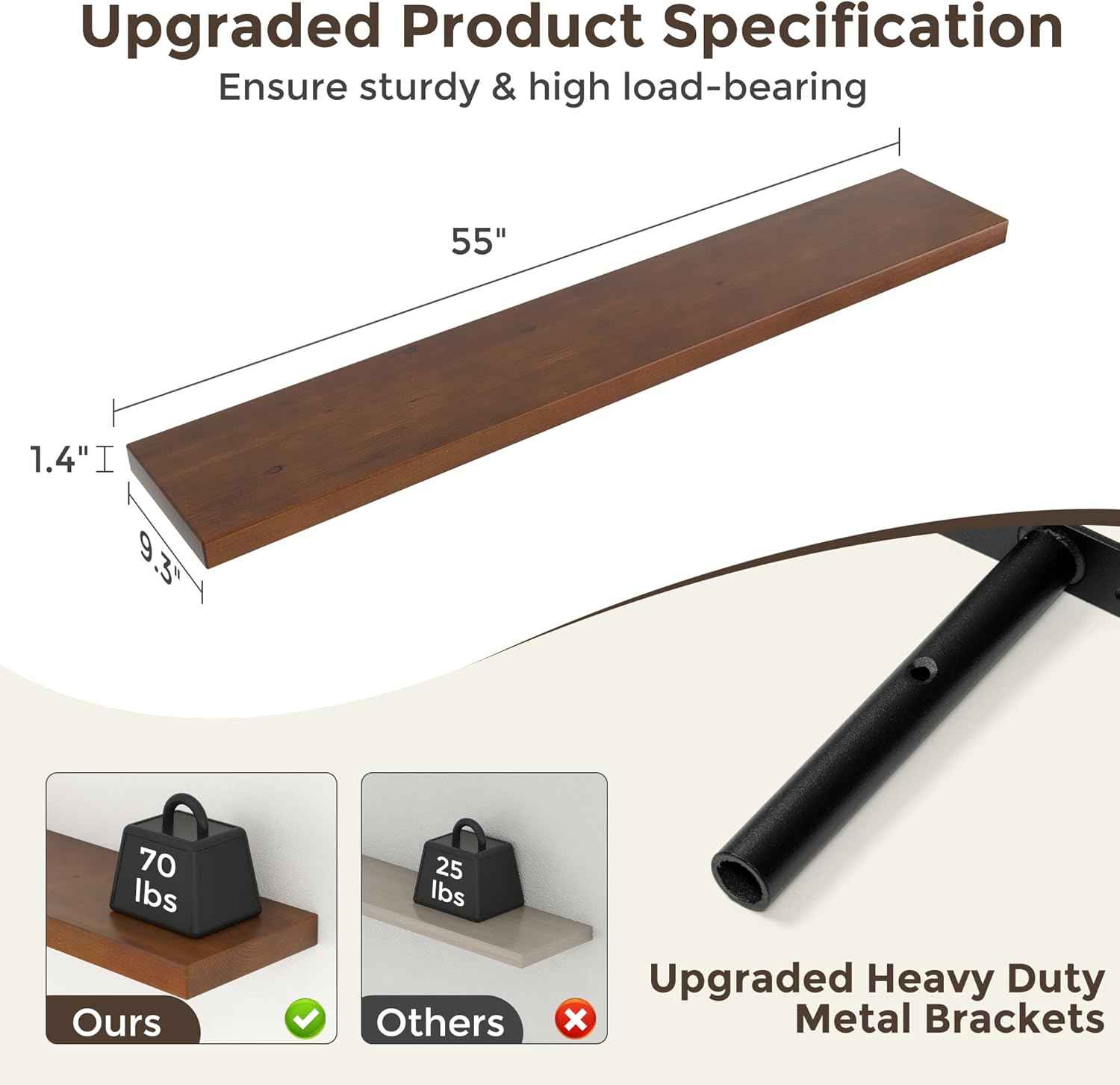 Axeman 55 Inch Floating Shelves for Wall, 9.3" Deep High End Solid Real Wood Wall Shelves with Heavy Duty Invisible Bracket for Living Room, Bedroom, Kitchen, Bathroom, Set of 1, Walnut Finish