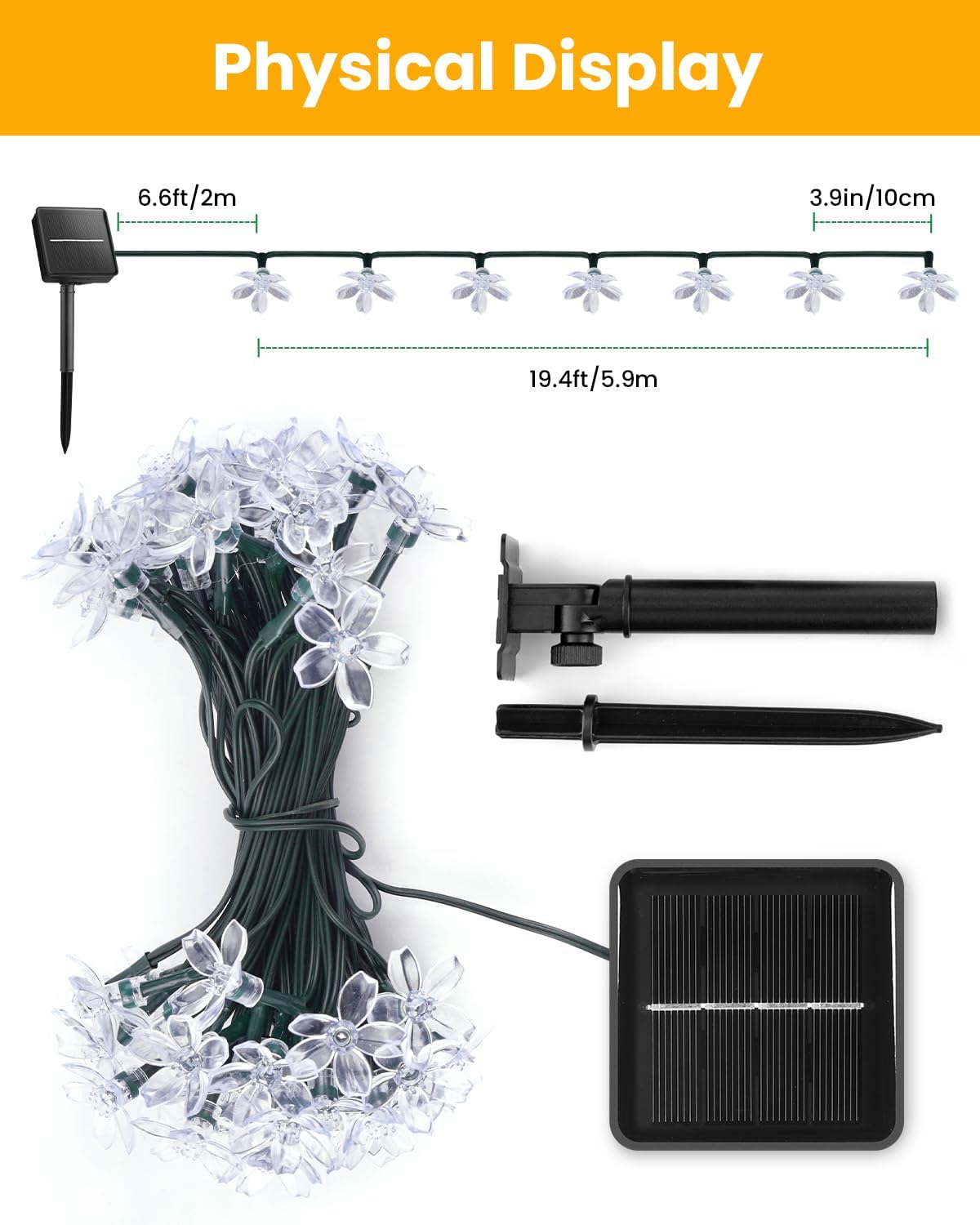 Brightown 60 LED Solar Flower String Lights Outdoor Waterproof Fairy Lights for Garden Yard Fence Patio Christmas Tree Wedding Party Decor, Pure White