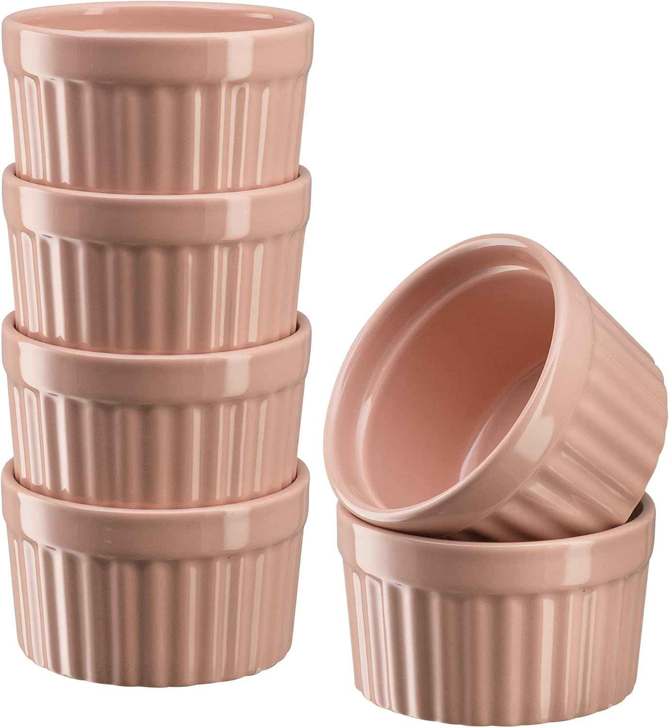 Kook Ramekins, Creme Brulee, Pink Ramekins, Set of 6 Porcelain Souffle Dishes, Oven Safe, for Baking Pot Pies, Lava Cake, Soup, 10 Oz (Dusty Pink)