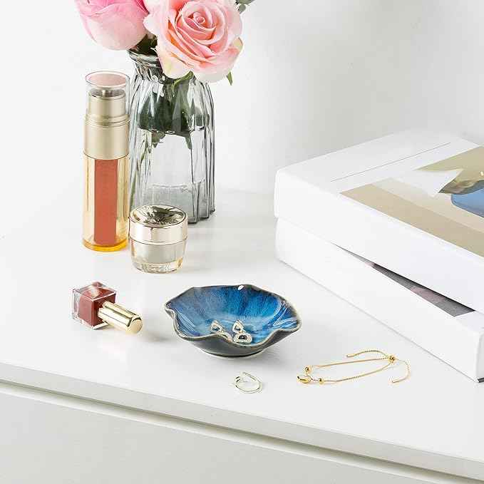 Jewelry Dish Tray, Ring Dish, Ceramic Trinket Tray, Key Bowl, Decorative Plate, for Friends Sisters Daughter Mother (Starry Blue)