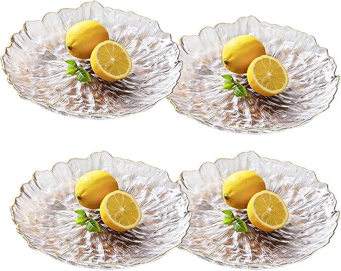 Glass Salad Bowl Irregular Lotus Flower Shape Serving Bowls, Mixing Nut Bowls for Kitchen Fruist, Snack, Dessert, and Ice Cream Candy Dishes (Plate with Gold Rim Crystal Clear, Large (Set of 4))