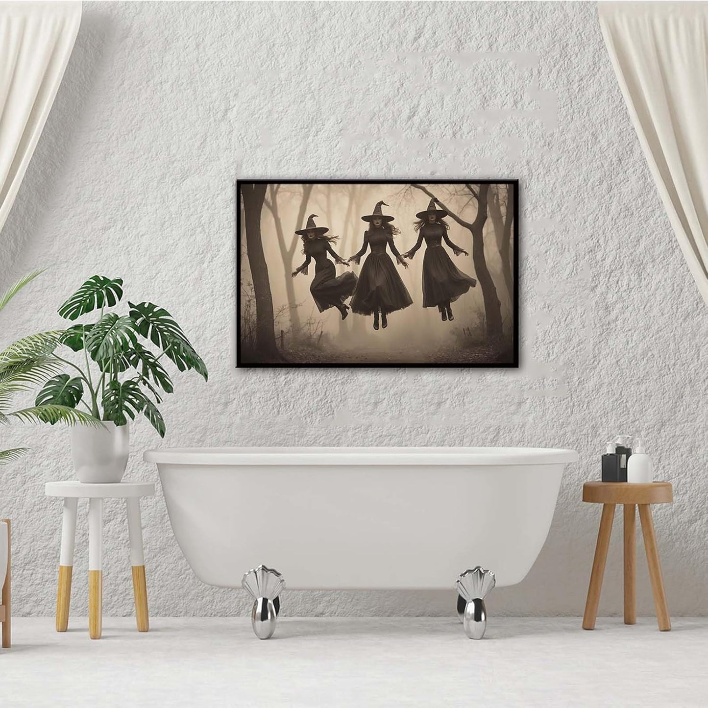 JFHCQJPK Three ghost witches flying in vintage forest gothic wall art witchcraft decoration holiday gift canvas wall art print20x30in Metal blackFramed