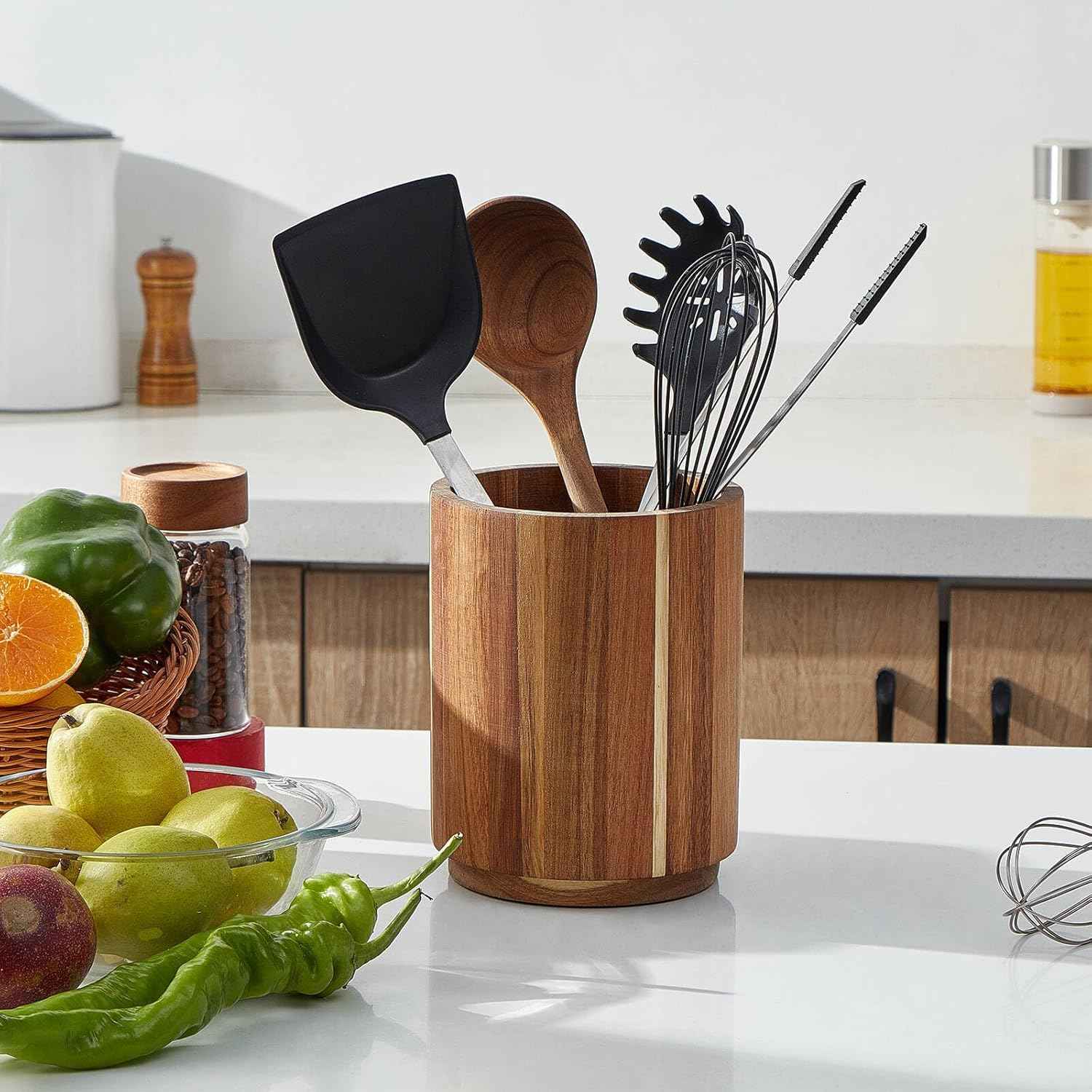 Acacia Wood Utensil Holder, 360° Rotating, Large Countertop Organizer, Farmhouse Kitchen Decor