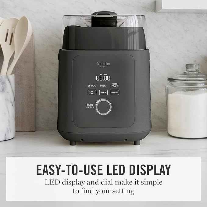 Martha Stewart 1 Quart Ice Cream Maker, Built-In Compressor, No Pre-Freezing Required, 3 Modes (Ice Cream, Sorbet, Frozen Yogurt), Automatic Mix-In Alert, Dishwasher-Safe Parts, Caviar Gray