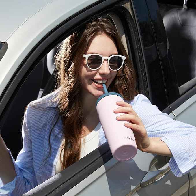 COKTIK 20oz Insulated Tumbler with Lid and Straw Iced Coffee Cup Reusable Stainless Steel Travel Mug Water Bottle Cupholder Friendly for Women Men Her Him (Blush)