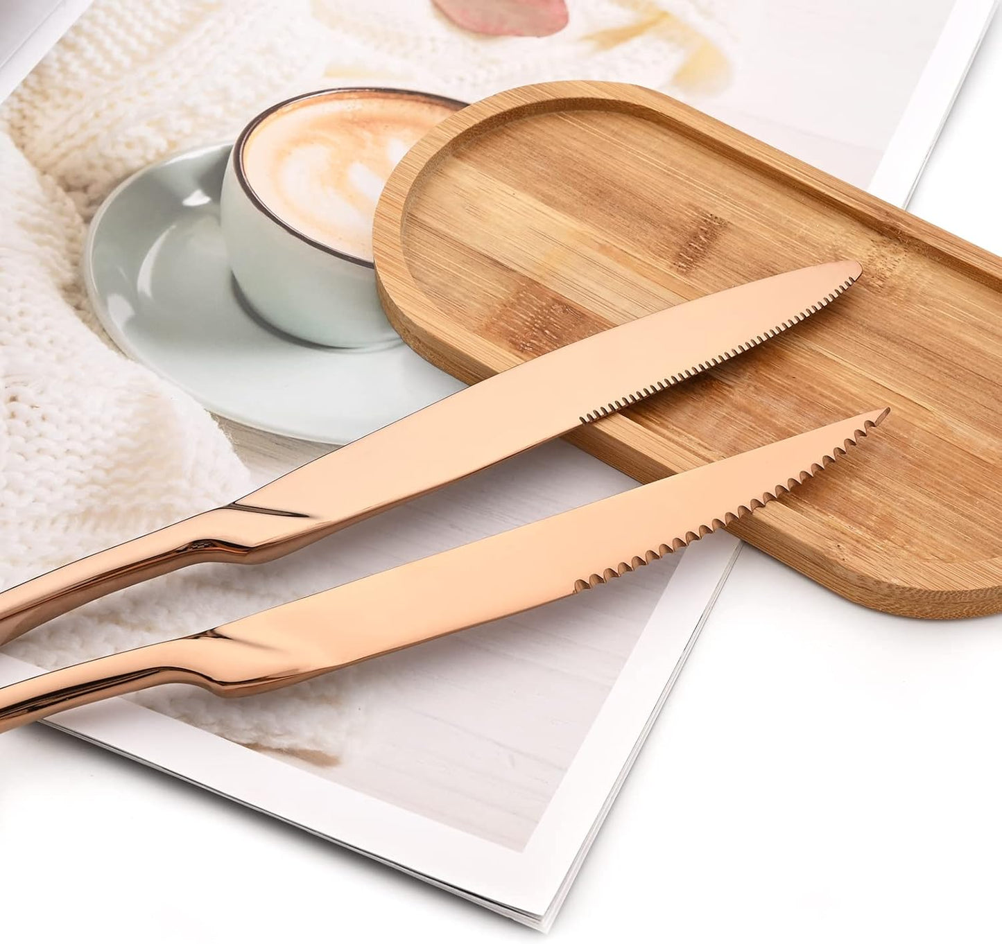 24-Piece Copper Flatware, Mirror 18/10 Stainless Steel Modern & Luxury Dinnerware Set With Serrated Steak Knife Teaspoon For Daily Use or Dinner Party Restaurant - Service For 4